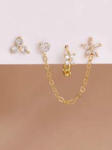 3PCS Stainless Steel Crown Chain Tassel Zirconia Hoop Earrings Flower Ear Stud Set For Women 18K Gold Plated Unique Earrings Cartilage Piercing Jewelry - Four Leaf Clover - View 9