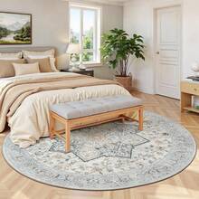 Washable Area Rug 5x7 - Soft Faux-Wool Area Rug Living Room Bedroom, Boho Vintage Floral Medallion Non-Slip Low Pile, Pet Friendly, Blue White - 灰棕色 - 查看 3