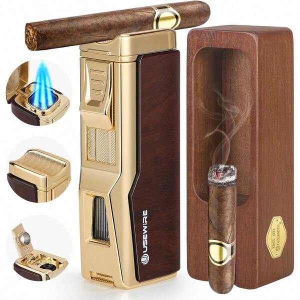 Cigar Lighter And Ashtray Set4 Jet Flame Windproof Lighter With Cigar Holder Cigar Punch Lighter Refillable Butane Gas Lighter Multifunctional Cigar Accessories Gift Set For Cigar Lovers