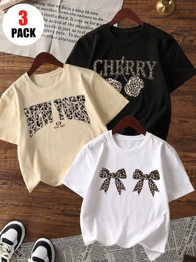 3 sztuki/zestaw nastoletnich dziewcząt luźna koszulka z nadrukiem okrągłym dekoltem i krótkim rękawem, minimalistyczne i modne kolorowe koszulki graficzne w stylu vintage dla młodych uczniów, lato