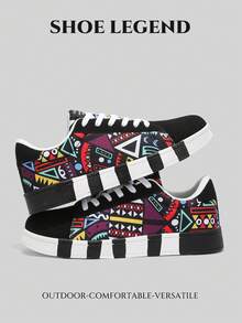 Men's Lace-Up Casual Canvas Sneakers, Fashionable Colorblock Random Graffiti Letter Print