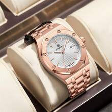 Luxury Business Men's Wristwatch, Waterproof, Luminous, Date Display, Stainless Steel Fashion Quartz Watch, Japanese Quartz Movement, Crystal Heart Design, Rose Gold, Father's Day Gift, Brother's Graduation, Parrot Back To School Essential - Multicolor - View 4