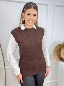 Women's Winter Knit Vest, Blogger Style, Simple, Casual, Knitted In Cable Stitch - Óxido marrón - Ver 4