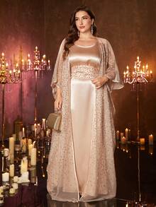 UNITHORSE Plus Size Women's Round Neck Batwing Sleeve Belted Long Luxury Beaded Lace Embroidered Robe Two Pieces Turkish Abaya Dress Spring - Champagne - View 4