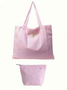 Retro Pink & White Striped Canvas Tote Bag With Matching Zipper Pouch, Women's Large Capacity Striped Canvas Handbag - Travel Shopping Fashion Shoulder Bag, Bright Pink & White Stripes, Spacious, Multifunctional, Washable - Unsealed, Casual Daily Tote, Valentine's Day Gift, Christmas Gift, Birthday Gift - 彩色 - 查看 11