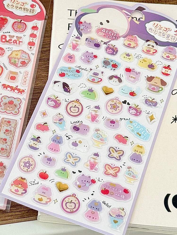 1 张 4 色苹果天堂 3D 水晶卡通贴纸，可爱苹果、熊猫、猫咪涂鸦贴纸，INS 风格，适合学生计划本、手机壳、礼物装饰，手工制作 - 彩色 - 查看 10