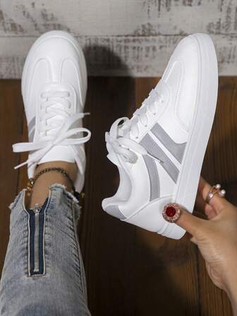 White Flat Casual Sneakers Lace-Up Trainers Patchwork Design Soft Leather Spring/Autumn Casual Shoes, Elegant Casual Fashion Running Shoes