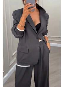 Ensemble tailleur élégant pour femmes en couleur unie, patchwork, contraste côtelé, poche, fermeture éclair et bouton. Convient pour le travail et le port casual quotidien - Gris foncé - Voir 4