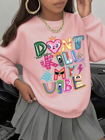 1PC Teen Girl Doodle Artistic Letter Crew Neck Sweatshirt, Soft Skin - Friendly, Spring & Autumn Daily Casual Wear