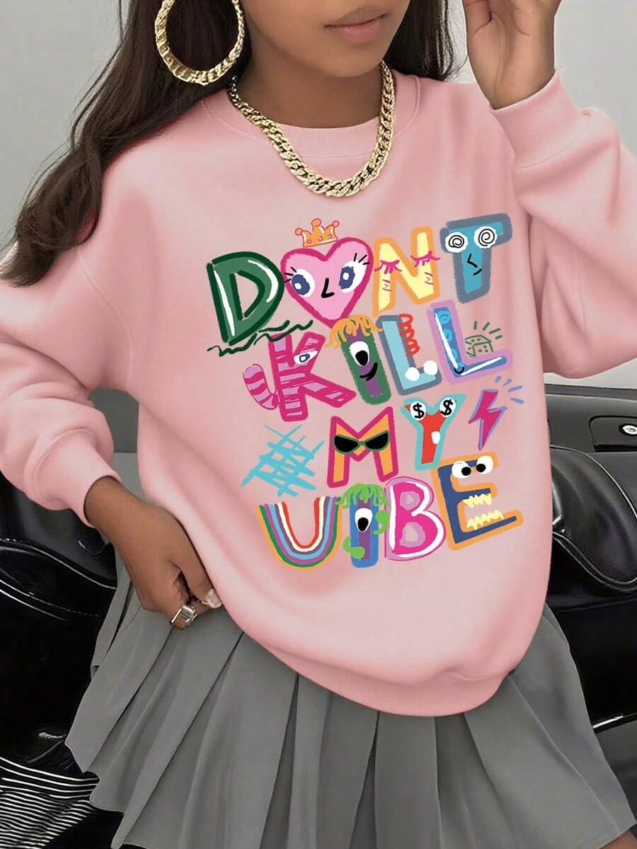 1PC Teen Girl Doodle Artistic Letter Crew Neck Sweatshirt, Soft Skin - Friendly, Spring & Autumn Daily Casual Wear - Pink - View 1