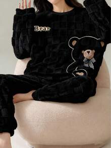Cute Striped Pajamas , Bear Pattern Comfortable Wool Flannel Fleece Thick Warm Pajama Set , Women's Polyester Sleepwear Top And Pants, Suitable For New Year , Long Sleeve Round Neck Top & Pants Homewear 2-Pieces Set, Cozy Winter Clothes, Fluffy - 黑色 - 查看 4