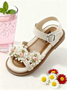New Summer Girls Flat Sandals, Fashionable & Versatile With Woven Floral Decor, Hook And Loop Design For Easy On/Off, Comfortable & Non-Slip, Suitable For Daily Wear, Vacation, Outing And Party