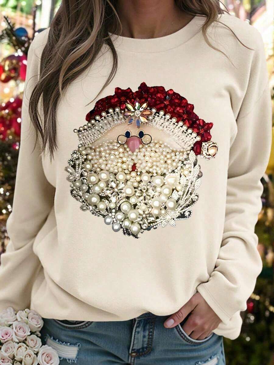 Christmas Outfit Womenchristmas Outfit WomenDrmWander Christmas Theme Graphic Print, High-Quality Pigment Dyed Holiday Pullover, Christmas Flower Round Neck Long SleeveLoose And Comfortablechristmas Sweater Womenchristmas Outfit Women - Màu be - Xem 1