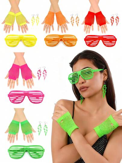Bộ phụ kiện phong cách Bohemian thập niên 70/80 màu neon, bao gồm khuyên tai hình tia sét rỗng, đồ trang trí hình mắt rỗng và găng tay lưới, thích hợp cho Giáng sinh, lễ hội hóa trang, tiệc tùng, tụ họp, là một ý tưởng quà tặng thú vị.