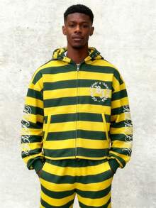 Men's Casual Sports Letter Printing Loose Zipper Hoodie For Men And Women Long-Sleeved Sweater - 黃色 - 查看 3