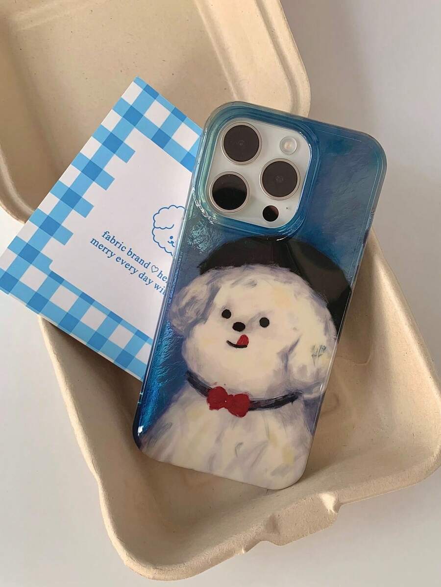 1个可爱复古油画图案吐舌小狗手机壳，兼容苹果 16 Pro Max 13 14 15 16 17 Pro/Pro Max、16 Plus、17 Air官方保护套 - 藍白色 - 查看 1