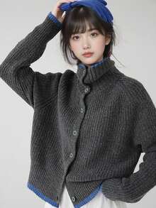 Alicedudu 女士休闲复古风格撞色饰边针织开衫，秋冬