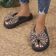 Leopard Print Bow Flip-Flops, Women's Slippers, Thick-Soled Non-Slip Toe-Post, Stylish & Versatile, New Summer Style For Seaside, Beach & Home Use - màu đen - Xem 5