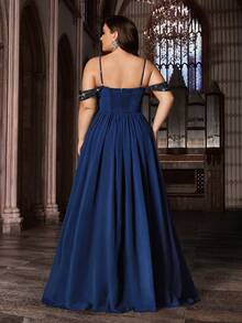 Elegant Curve Plus Size Women Chiffon Sequin Long Formal Dress, Open Shoulder Slit Hem Spaghetti Strap Evening Gown Wedding Spring Party - Navy Blue - View 2