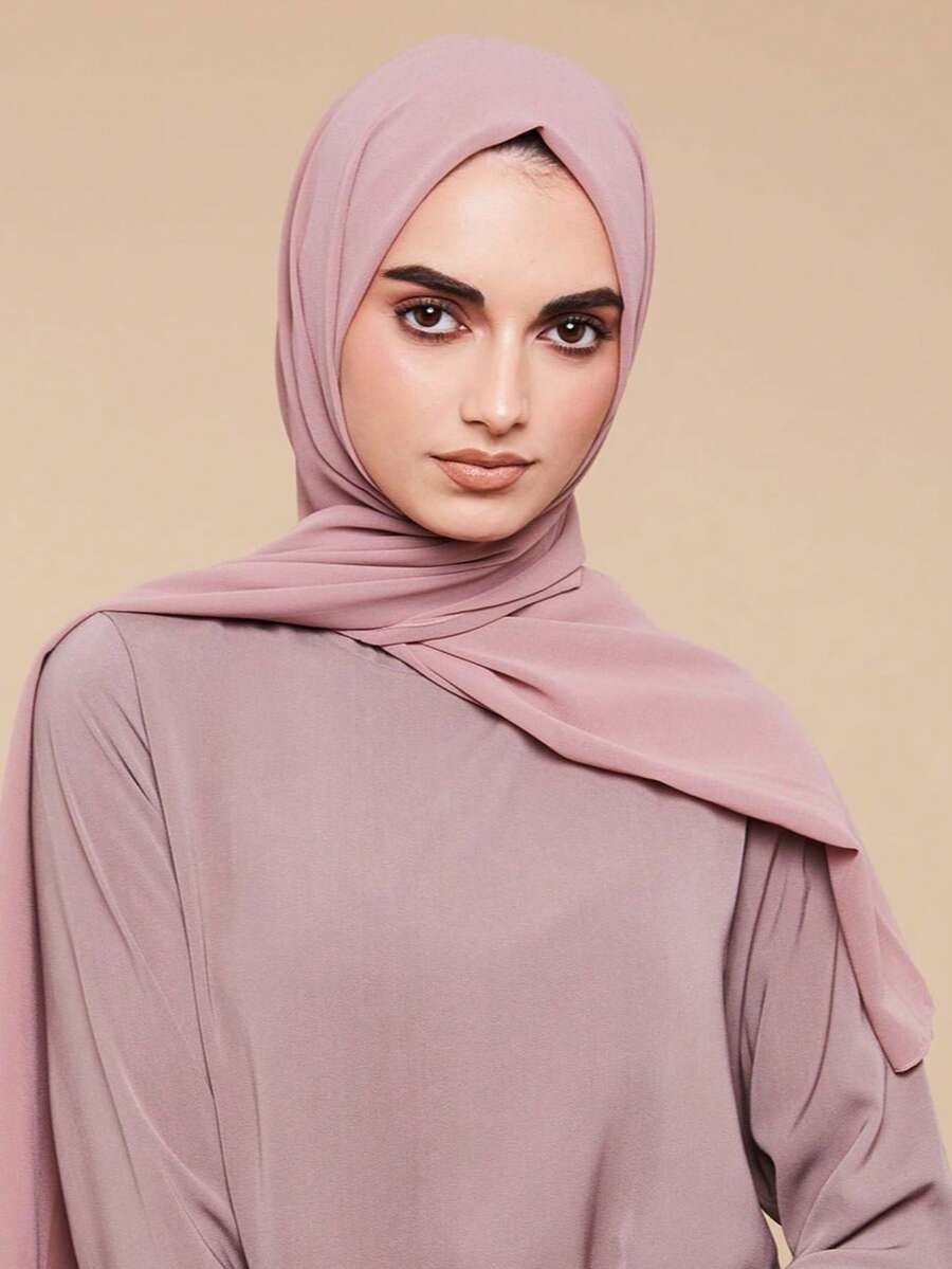 1件装女士纯色珍珠雪纺柔软头巾，休闲阿拉伯保守素色头巾，适合中东日常佩戴、海滩度假等场合 - 粉色 - 查看 1