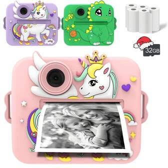 Cámara instantánea para niños, cámara digital de impresión instantánea para niños, kit de impresión de cámara, cámara digital de alta definición 1080P para selfies adecuada para niños pequeños, impresora fotográfica portátil multifuncional para niños con cámara digital de alta definición, cámara y accesorios, regalos creativos de pintura y fotografía, diseño amigable para niños, adecuado para niños y niñas de 3 a 12 años para Navidad, cumpleaños y Año Nuevo, regalos portátiles lindos, regalos de juguete