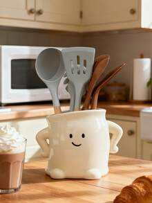 1 Set Cute Cartoon Ceramic Utensil Storage Box, Adorable Smiling Face Cartoon Character Design, Can Store Spoons, Chopsticks And Other Cooking Tools, Fun Decorative Utensil Storage Canister, Practical And Interesting Kitchen Accessory To Enhance Your Cooking Space - Multicolor - View 5