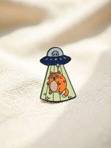 1pc Green Cute UFO Space Cat Brooch, Versatile Metal Cat Badge Alien Spaceship Transmission Kitten Clothing Accessory - Multicolor - View 6