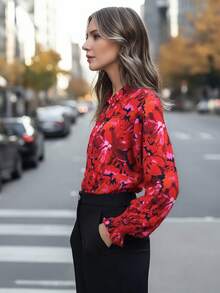Elegant Women's Red Floral Button Down Blouse Regular Sleeve Regular Length Non-Stretch Fabric Top For Everyday Wear - Red - View 3
