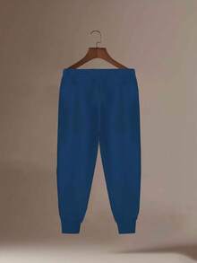 Plus Size Men's American Street Style Cuffed Sweatpants, Black Base With NY Letter Print On Side + Double White Stripes On Hem, Loose Fit Slimming Drawstring Waist High Elasticity Casual Sports Long Pants - Blue - View 4