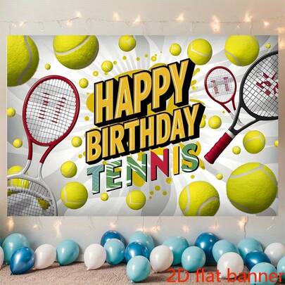 Biểu ngữ phẳng 2D 1 miếng biểu ngữ hậu trường bằng polyester sống động với chủ đề tiệc sinh nhật quần vợt, có sân quần vợt và đồ trang trí, hoàn hảo để trang trí phòng gia đình hoặc tường cho lễ kỷ niệm sinh nhật