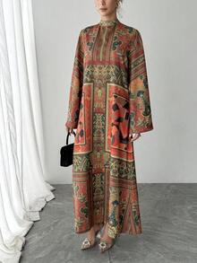 Đầm maxi in hoa thanh lịch với tay áo bồng bềnh, khóa kéo phía sau, kiểu dáng thoải mái, nhẹ nhàng, phù hợp cho các buổi tiệc tối sang trọng, kỳ nghỉ, áo choàng Abaya kiểu Ả Rập cho kỳ nghỉ xuân. - Đỏ - Xem 11