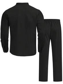 2pcs/Set Men's Loose Thin Black Long Sleeve Mandarin Collar Shirt + Pants Suit, Summer Vacation Casual Style, Lightweight Outfit Ideal For Husband/Boyfriend To Beat The Heat - Black - View 3