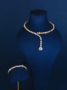 Bộ trang sức 2 món: Vòng cổ và vòng tay đính đá Rhinestone, Vòng cổ xích đính đá Rhinestone thời trang dành cho nữ - trắng - Xem 5