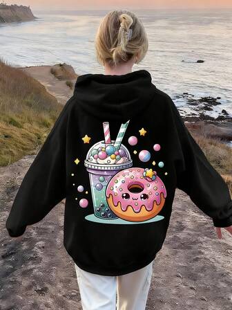 Warmes, lockeres, Oversized Kapuzen-Sweatshirt mit Milchtee-Donut-Muster für Teenager-Mädchen – bequemer, langärmeliger Lässigpullover, maschinenwaschbar, unverzichtbar für den Alltag, lockerer Stil, geeignet für Schule, Urlaub, Einkaufen, Sport und andere Anlässe