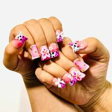 Handmade Pink Press On Nails, 3D Flowers, Zebra Print, Bows, Gold Beads, Short Square False Nails, Party, Festival, Daily Wear Summer - 玫紅色 - 查看 6