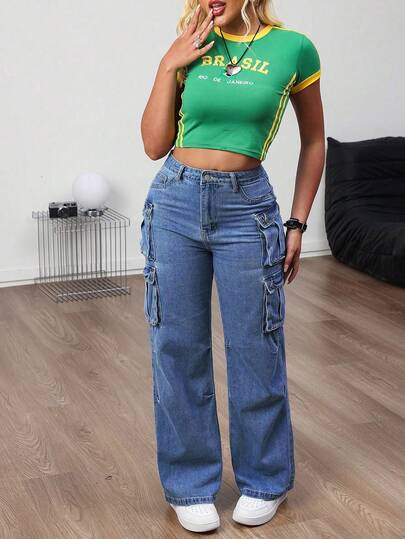 Pantalones vaqueros rectos de talla grande con múltiples bolsillos, sin estiramiento, pantalones cargo largos de moda