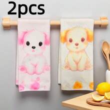 2pcs New Creative Cartoon Pink And Yellow Puppy Cleaning Cloth, Suitable For Kitchen And Dining Room Cleaning