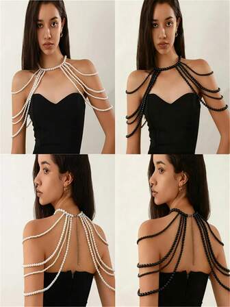 Elegante cadena de hombro con borlas de perlas falsas - Collar de mujer de varias capas a la moda, adecuado para fiestas, bodas, Navidad y uso casual