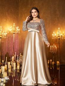 XUIBOL Plus Size Women's Elegant Sequin Long Sleeve Keyhole Neck Formal Dress, With Ruffle Details - Champagne - View 7