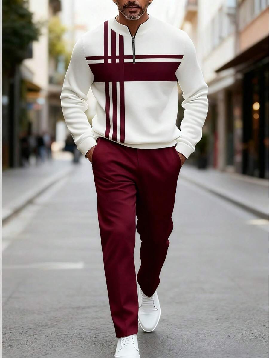 2PCS High-Quality Polyester Men's Long-Sleeved + Long Pants Sportswear Set, 3D Printed Pattern, Anti-Wrinkle And Easy To Care For, Half-Collared Top, European And American Style, Fitness, Outdoor Leisure, Golf, Tennis - 酒紅色 - 查看 1