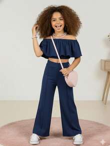 Conjunto Duna Juvenil Feminino  Ciganinha + Calça Pantalona PRIMAVERA VERÃO - azul marinho - Visão 1