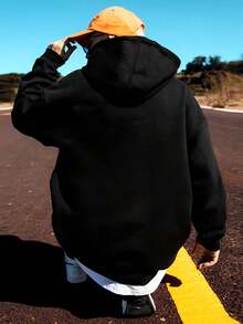 Men's Black Hoodie With White & WEST Print - Warm Winter Pullover, Casual Kangaroo Pocket Sweatshirt, Regular Fit Long Sleeve Hooded Sweater Fall/Winter, Everyday Comfort Apparel (Polyester Blend) IFPS - Black - View 2