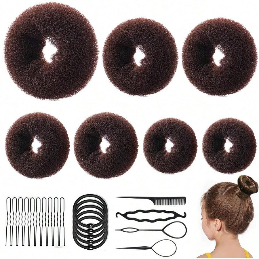 Hair Donut Bun Maker Set Kit de 26 Piezas Accesorios para Peinado 7 Piezas Donut Moño Kit 10 Piezas Horquillas para el Cabello 5 Piezas Bandas Elásticas Hair Bun Shaper Set 4 Pieza Herramienta para Trenzar el Cabello - como en la foto - Ver 1