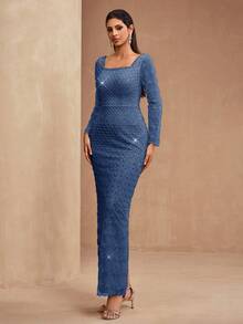 新款奢华优雅女士亮片礼服，饰以亮片、蕾丝拼接，方领设计，常规直筒袖，后背系带可调节，前开衩，适合正式场合、派对、婚礼、红毯派对等。 - 灰藍色 - 查看 7