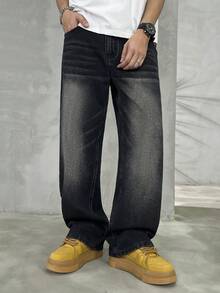 HEHCN 男士口袋水洗黑色阔腿休闲宽松牛仔裤，街头风宽松长裤，适合送给丈夫、男友 - 黑色 - 查看 3