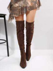 Women's Over-The-Knee Boots For Winter, Black Boots, Brown Boots, Pointed Toe Chunky Heel Tight Fit Over-The-Knee Boots, Elegant Women's Boots, Pull-On Thigh High Boots - Brown - View 3