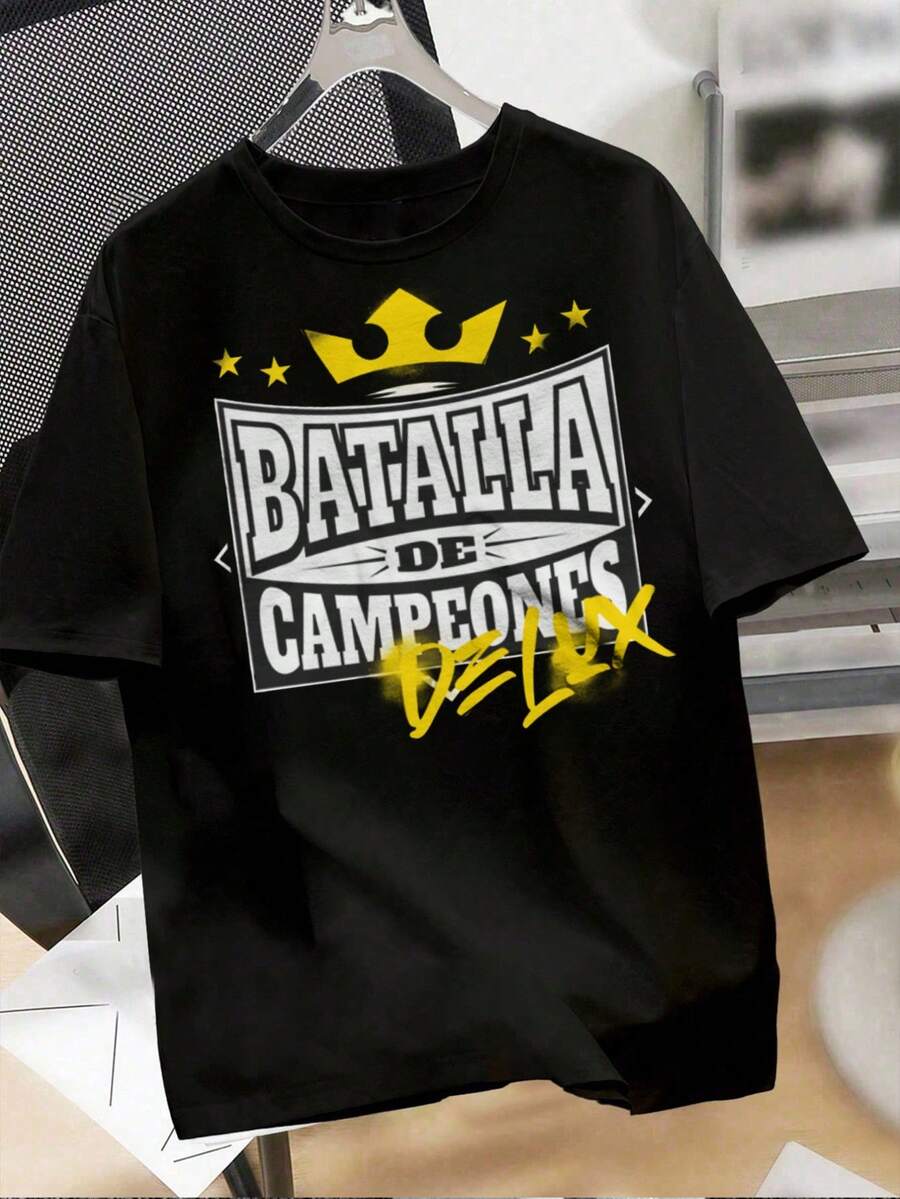 Batalha De Campeones Crown Graphic Soft Comfortable Crew Neck Short Sleeve Tshirt Streetwear Fashion Top for All Seasons Casual Streetwear Round Neck Tshirt - Negro - Ver 1