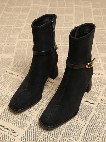 hanxiangyuzu Botines de tacón grueso negro para mujer, nueva llegada de otoño/invierno 2026, punta cuadrada, unicolor, estilo occidental, decoración con hebilla, adecuado para vacaciones y uso en la oficina