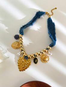 1 件奢华绳结不锈钢眼、心、蝴蝶多吊坠 DIY 手工编织项链，适合女性宴会、派对、聚会、日常穿着、节日礼物 - 金色 - 查看 12