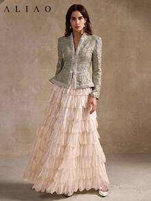 A&A Romantic 3D Jacquard Embossed White Pearl Decorated Collar Cinching Waist Long-Sleeved Coat, Court Style, Elegant, Suitable For Commuting, Vacation, Romantic And Wedding Season, Fall & Winter Outfit - Green - View 5